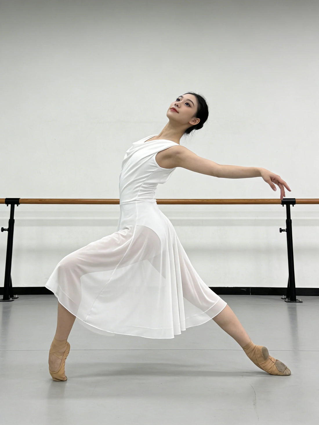 Adult Women Lyrical Dance Costume Modern Contemporary Dancewear V-Neck Backless Mesh Tulle Flowy Overlay Dress Stage Performance