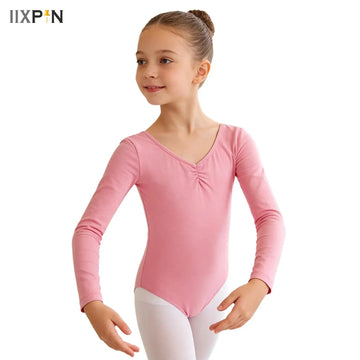 Kids Girls Long Sleeve Ballet Leotards Dance Practice Performance Costume Warm Solid Color Gymnastics Workout Training Bodysuit