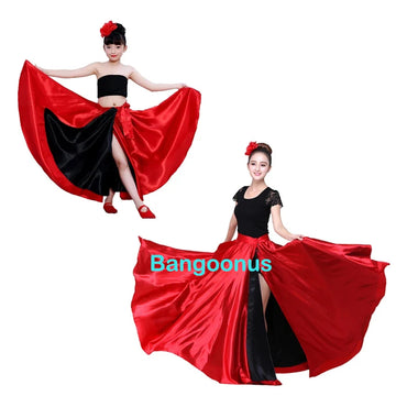 360-720 Degree Red Black Satin Solid Spanish Flamenco Skirt Lace Up Female Dance Costumes Girls Ballroom Mother Daughter Dress