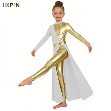 Teens Liturgical Praise Lyrical Dance Dress Girls Color Block Dress with Built-in Leggings Kids Worship Ballroom Dance Costume