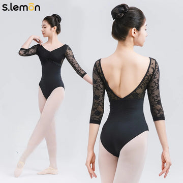 S.lemon Ballet Leotard for Women Lycra 3/4 Sleeve Lace Patchwork Padded Cups Dance Exam Body Shaping Gymnastics Outfit