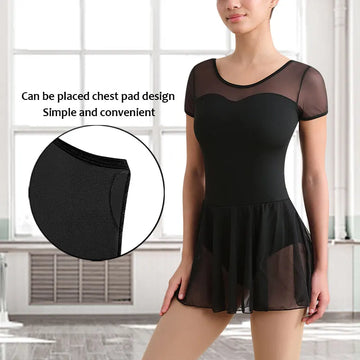 Women Mesh Skirts Short Sleeve Ballet Dance Leotard for Adult Gymnastics Dance Dress with Heart Front Neck and Front Soft Lining
