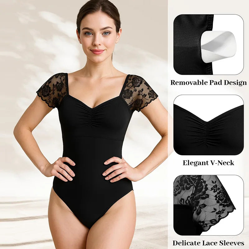 Women's Lace Short Sleeve Ballet Dance Leotards for Adult Gymnastics Dance Tops with Lace Hollow Back and Soft Lining Dancewear