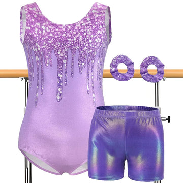 Girls 4pc Gymnastics Leotards for girl Biketard Athletic Unitard Tumbling Activewear Outfits with Matching Shorts Hairband Sets
