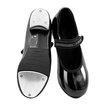 S.lemon Kids Tap Shoes Black Soft-Sole Dancing Shoes with Glossy Finish,No-Tie Velcro Fastening for Adult Girls