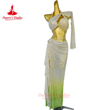 Belly Dancing Suit for Women AB Stones Fringe Bra+Sexy Gradient Long Skirt 2pcs Adults Oriental Dance Performance Costumes