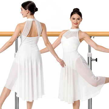  Women lyrical costume sleeveless white ballet dress Adult Contemporary Dance Dress Asymmetric Flowy Ballet Dancewear