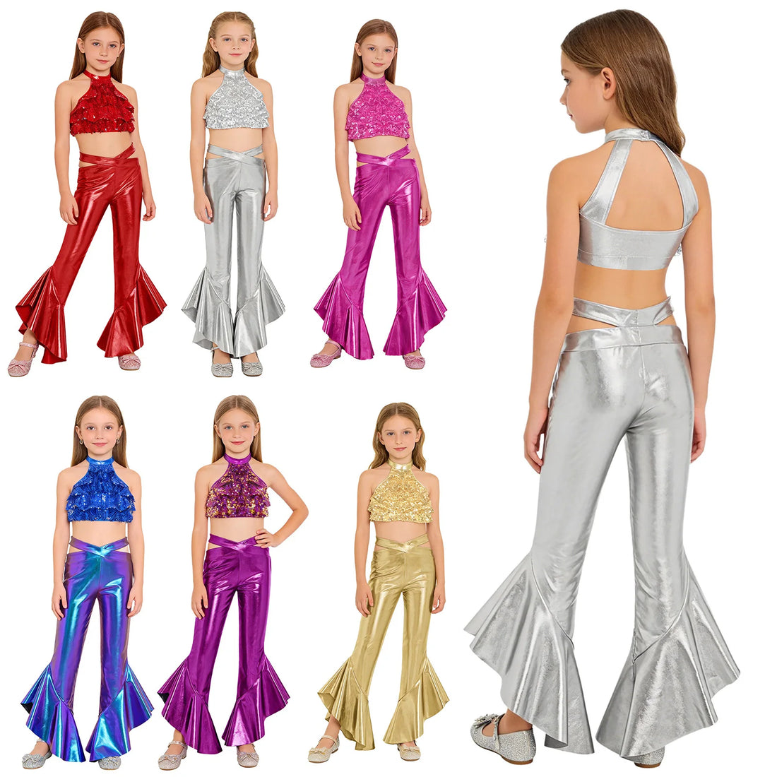 Kids Girls Metallic Shiny Hip Hop Jazz Street Dance Disco Outfit Crop Top Vest with Flare Pants School Show Party Costume