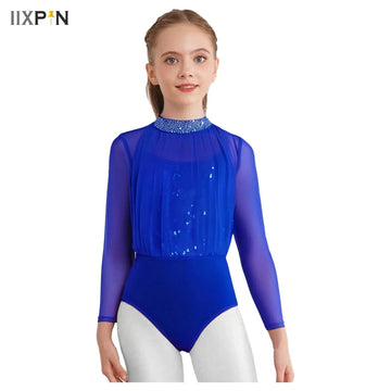 Sequins Rhinestones Figure Skating Gymnastics Dance Costume for Kids Girls Long Sleeve Keyhole Back Sheer Mesh Ballet Leotard