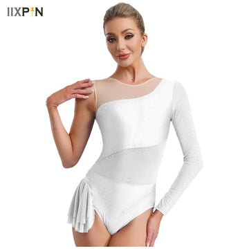 Womens Dance Leotard Gymnastics Ice Skating Performance Costume Sheer Mesh Patchwork Round Neck Shiny Rhinestones Ballet Leotard