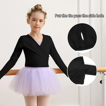 Girls Basic Team Ballet Wrap Top Long Sleeve Dance Cardigan for Toddlers with Waist Self Tie and Classic Front V-neck