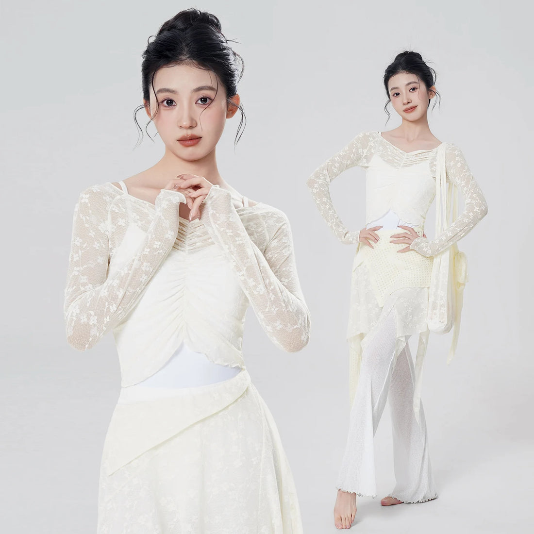 Women Dance Cover Tops Adult Lace Chest Pleate Long Sleeves Dance Outfit  Teen Gymnastic Yoga Training Swimwear Clothes