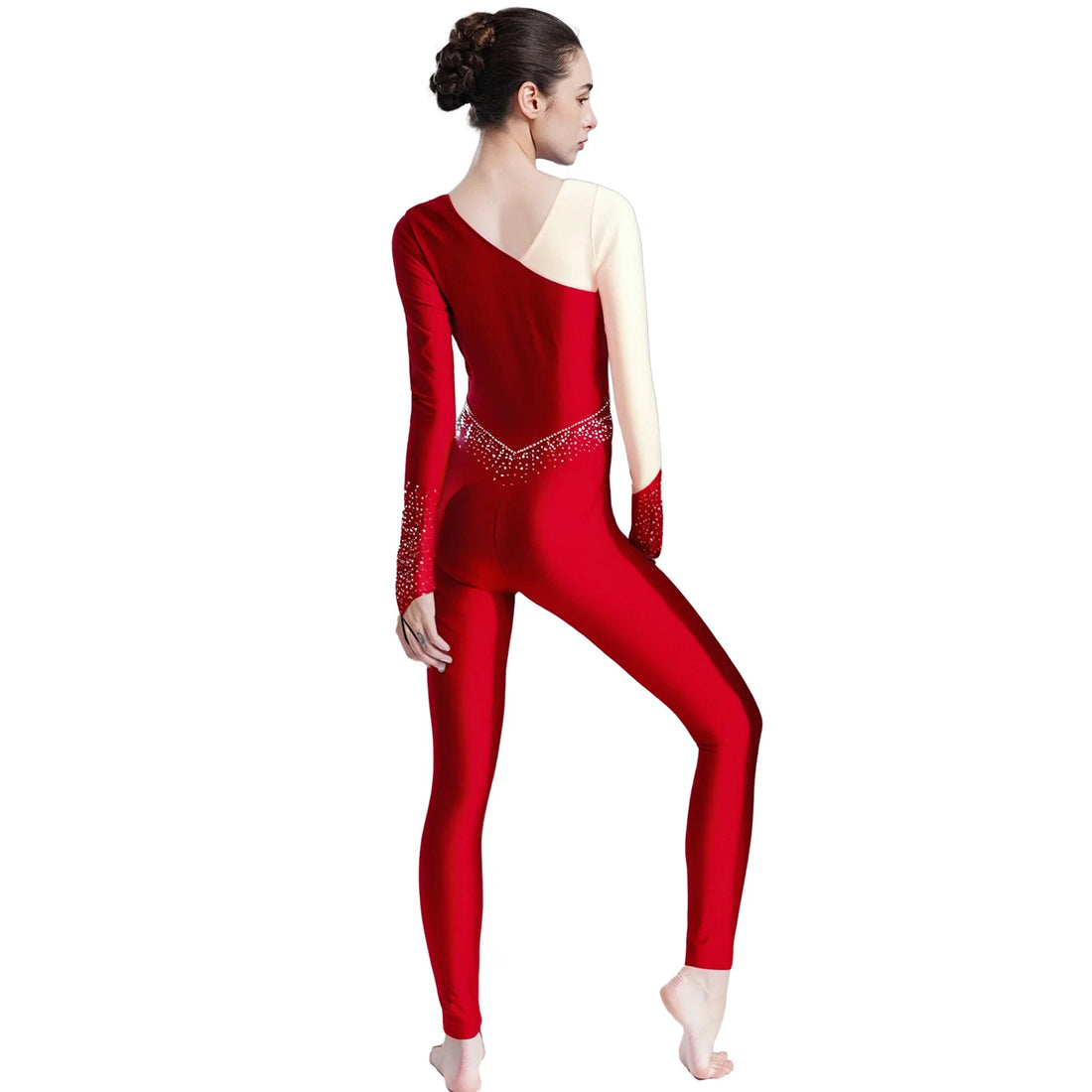 Womens Figure Skating Jumpsuit 3D Flower Contrast Color Metallic Rhinestone Long Sleeve Slim Rompers Bodysuit Gymnastics Costume