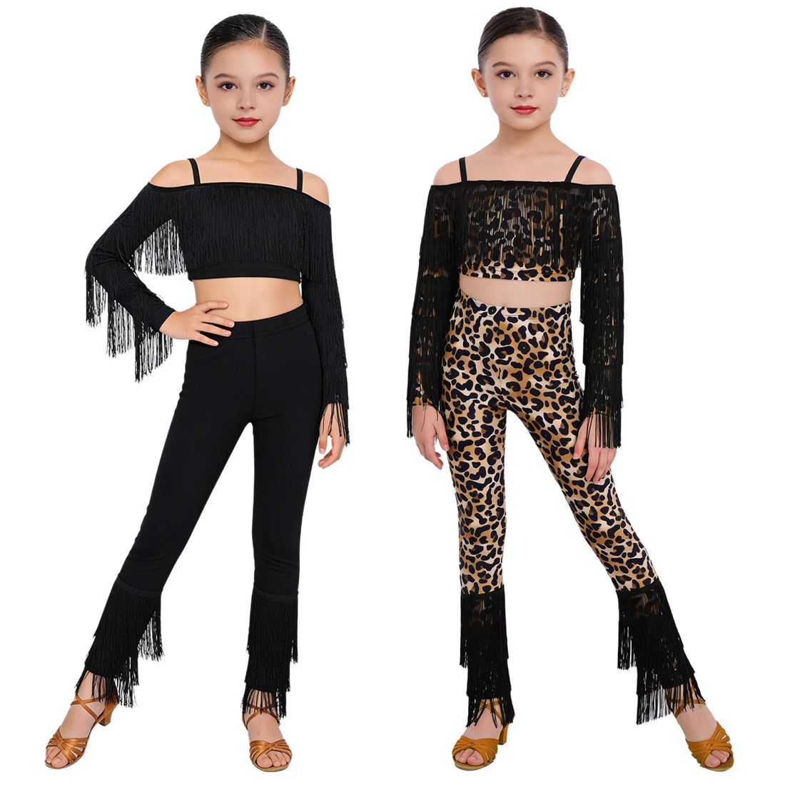Fringe Latino Dance Crop Top with Pants For Kids Girls Dance Outfits Samba Dance Wear Stage Costume Mesh Practice Wear Clothing