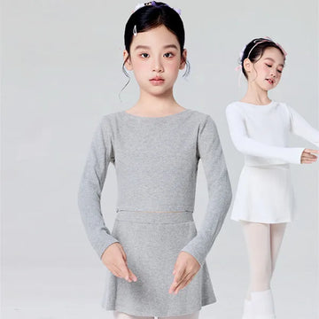 Girls Ballet Dance Sweater Set Pit stripes Long-Sleeve Top Side-slit short culottes Outfits Dancewear for Kids