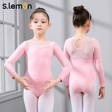 S.lemon Kids Ballet Leotard Girls Gymnastics Training Long Sleeve Lace Dance Bodysuit Black Chinese Dance Wear 90-150CM