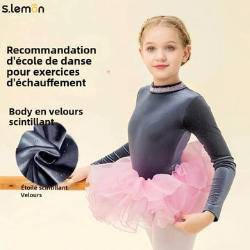 S.lemon Girls Long Sleeve Starry Sky Velvet Dance Leotard Warm Chinese Dance & Ballet Outfit Gymnastics Performance Bodysuit