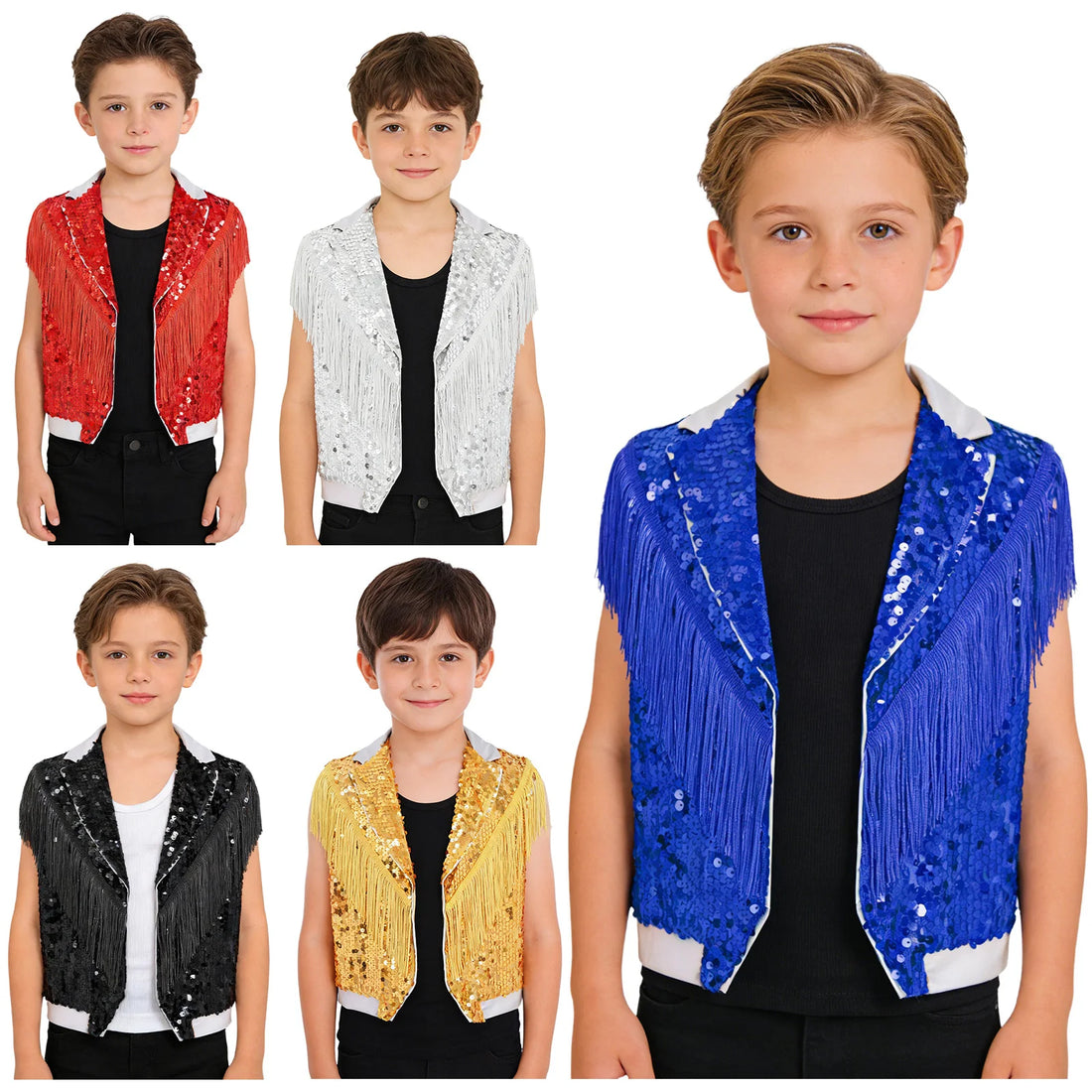 Kids Boys Tassel Sequin Vest Waistcoat Halloween Christmas Choir Jazz Hip Hop Celebration Festival Dress Up Holiday School Show