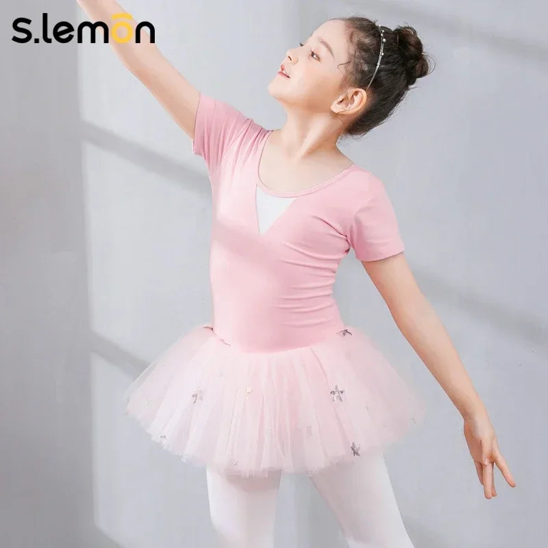S.lemon Girls Embroidered Star Ballet Dance Costume Summer Short Sleeve Tulle Princess Cute Chinese Dance Gymnastics Dress