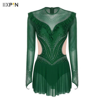 Women Gymnastics Ballet Latin Dance Dress Figure Skating Leotard Tutu Rhinestone Mesh Ruffled Skirted Leotard One Piece Jumpsuit