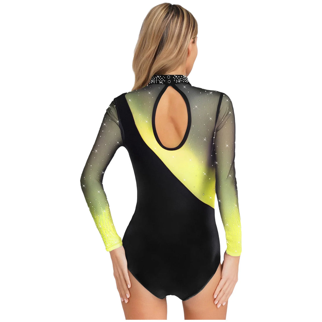 Womens Gymnastic Leotard Ballet Figure Skating Training Dancewear Rhinestone Long Sleeve Streamlined Splice Hollow Out Bodysuit