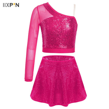 Kids Girls Jazz Latin Dance Costume Sheer Mesh One Shoulder Side Zipper Crop Top with Sequins Skirt Stage Performance Costume