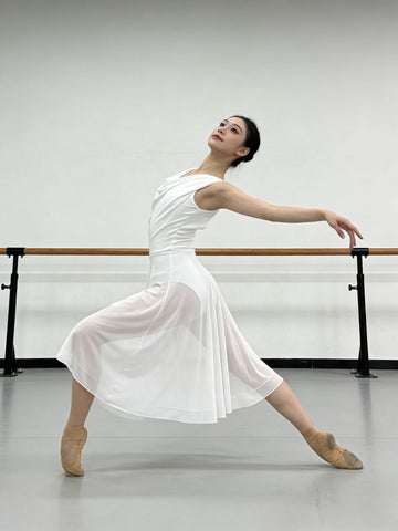 Adult Women Lyrical Dance Costume Modern Contemporary Dancewear V-Neck Backless Mesh Tulle Flowy Overlay Dress Stage Performance