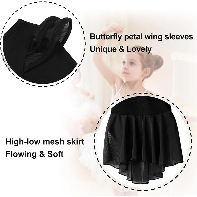 Girls Ballet Leotard for Dance Long Sleeve Flutter Mesh Skirt with Butterfly Petal Wing Sleeves(Toddler/Little Girl/Big Girl)