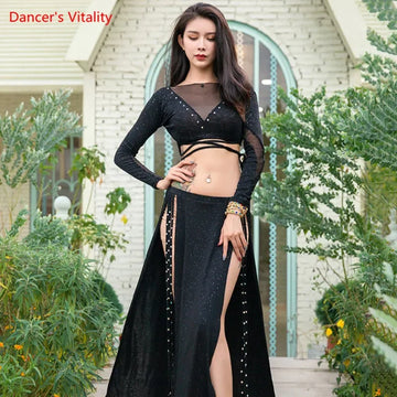 Belly Dance Practice Clothes for Women Belly Dance Suit Mesh Long Sleeves Top+printing Long Skirt Female Oriental Dance Outfit