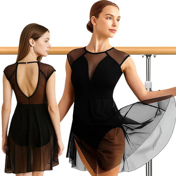 Women's Lyrical Mesh Cap Sleeve Dress Ballet Dance Leotard for Adult Gymnastics Skirts with Hollow Back Dance Dress