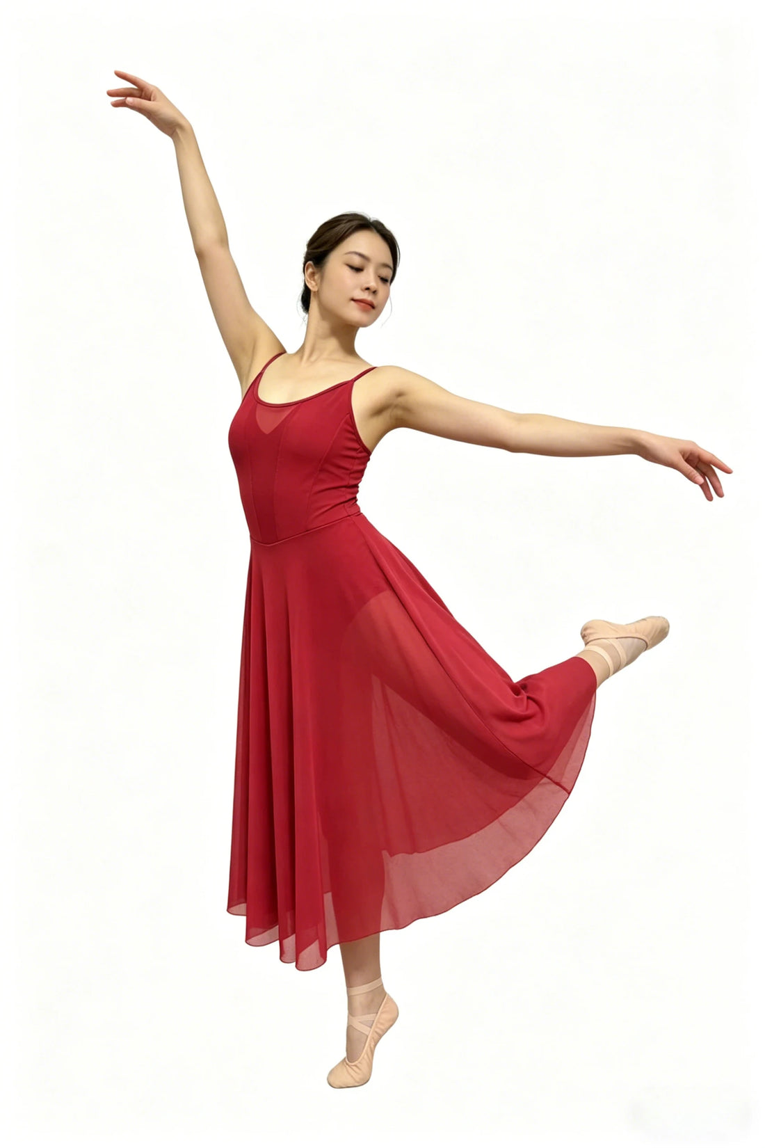 U Neckline Crisscross Back Women's Contemporary Dance Costume with Ruffled Mesh Long Skirt Performance Dress