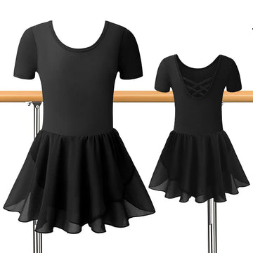 Girls Short Sleeve Dance Dress Ballet Dance Leotards for girl Gymnastic Skirts with U-shaped Cross Straps and Double-layer Skirt