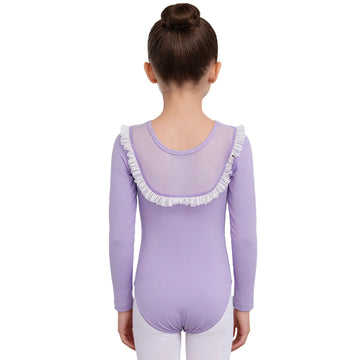 Girls Tulle Frilly Ballet Dance Leotard Kids Sheer Mesh Patchwork Long Sleeve Bodysuit for Gymnastics Practice Figure Skating