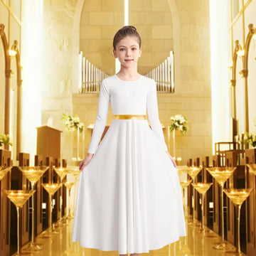 Girls Metallic Block Long Sleeve Praise Dance Dress for girl Worship Liturgical Praise Costumes with Round Neck No crotch Robes