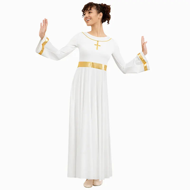 Women Metallic Cross Round Neck Praise Dance Dress Liturgical Worship Costume Pagoda Long Sleeve trumpet Church Robe Praisewear