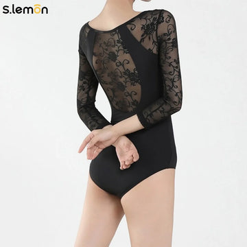S.lemon New Women's Lycra Long Sleeve Leotard - Black Lace Paneled Ballet Figure Exam Gymnastics Dance Practice Wear