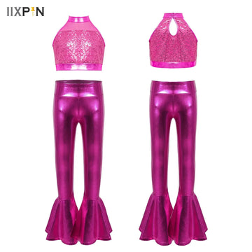 Teens Girls Jazz Latin Dance Outfit Kids Stage Show Performance Costume Sleeveless Shiny Sequin Crop Top with Pants Dance Suit