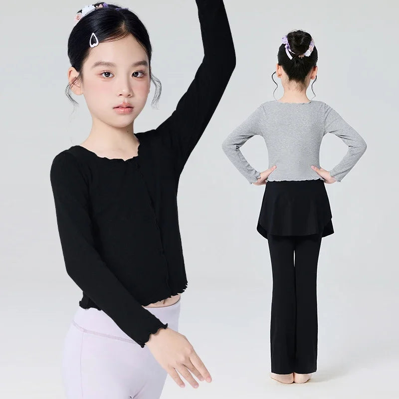 Autumn Winter Kid Girls Ballet Tops Soft Dance Costumes Ruffled Collar Long Sleeves Blousers Children Casual Tee Sweet Shirts