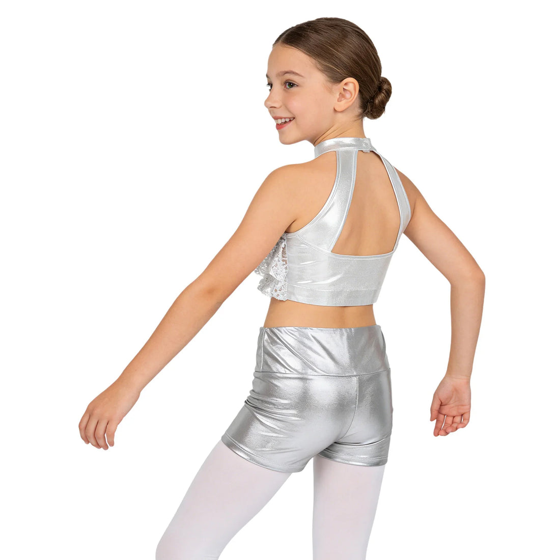 Girls Sequins Jazz Latin Dance Outfits Halter Crop Top with Metallic Shorts Suit for Salsa Samba Rumba Cheerleading Performance