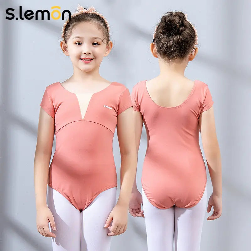 Kids Ballet Leotard Pink Short Sleeve Chinese Dance Practice Wear Girls Body Shaping Gymnastics Jumpsuit