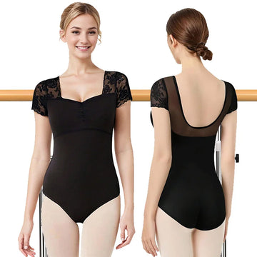 Women’s Lace Short Sleeve Ballet Dance Leotard for Adult Gymnastics Dance Tops with Mesh Backless and Soft Lining Dance Leotards