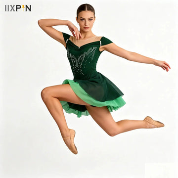 Womens Ballet Gymnastics Costume Sleeveless Shiny Rhinestone Sheer Mesh Leotard Tutu Figure Skating Dress Lyrical Dance Wear
