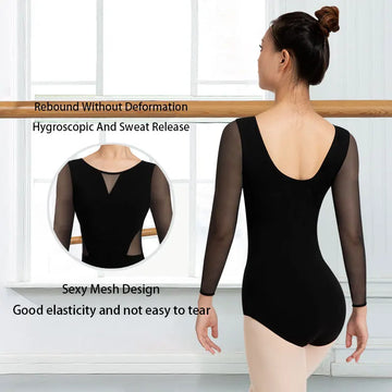 Women's Ballet Leotard Mesh Long Sleeve For Dance Practice,Waist And Chest Panel Mesh,Soft Chest Lining Ballet Clothes