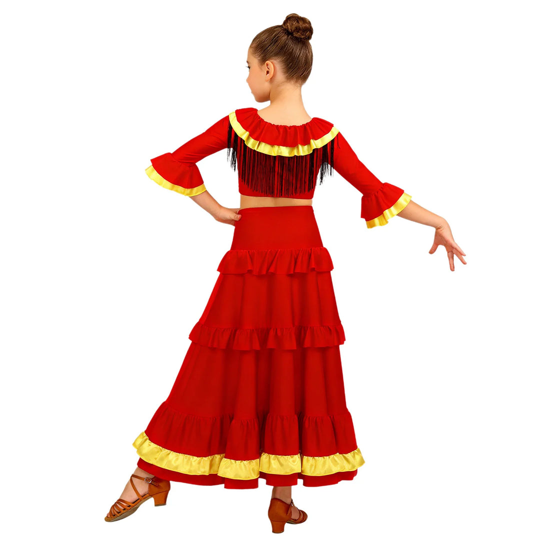 Children Girl Bullfight Performance Dancing Dress Half Sleeves Tassel Crop Top+Tiered Skirt Color Block Flamenco Dance Outfits
