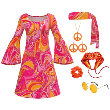 7 Piece Disco Outfit Hippie Costume Women Retro Style Clothes Dress Peace Sign Accessories Jewelry Halloween