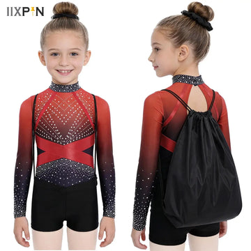 Girls Rhinestone Gymnastics Ballet Leotard Long Sleeve Bodysuit with Shorts Bag Athletic Figure Skating Competitions Dancewear