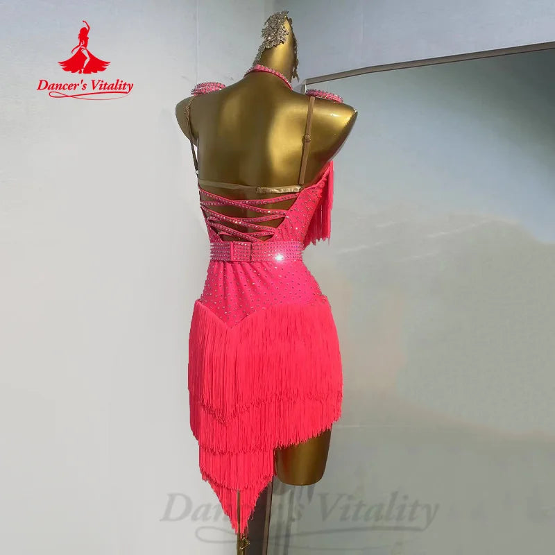 Latin Dance Competition Dress Customized High Luxury Water Diamond Sexy Backless Dress Adult and Children Performance Costume