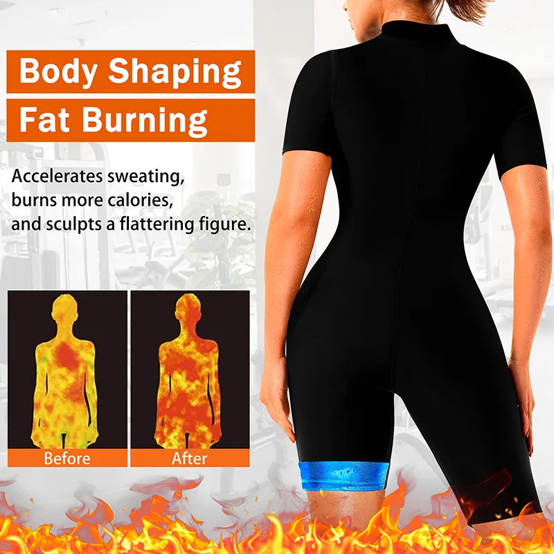 Women's 4-In-1 Short Sleeve Shorts Sauna Sweat Suits Full Body Fat Workout Weight Loss Slimming Shaper Waist Trainer Jumpsuits