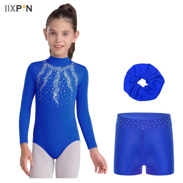 Kids Girls Figure Skating Costume Acrobatics Rhythmic Gymnastics Ballet Dance Outfit Shiny Rhinestone Leotard with Shorts