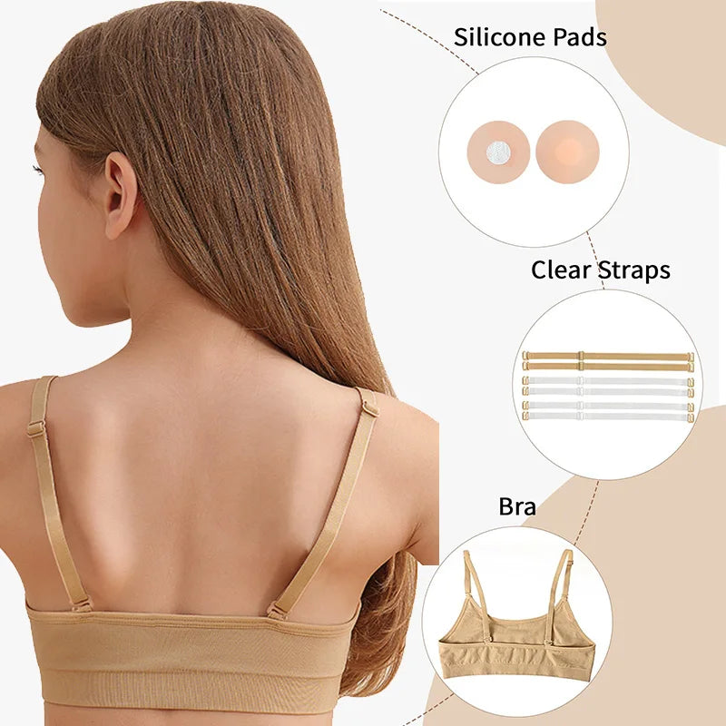 Girl Ballet Dance Bras Seamless Wireless Elastic Bras with 2 Pair Adjustable Replace Clear Straps and Silicone Covers Dance Bras